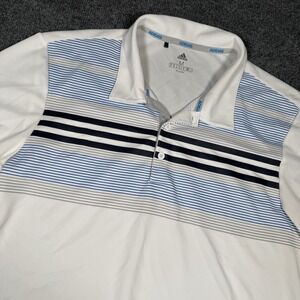 Adidas Polo Golf Shirt Men's M White Blue Grey Striped Polyester Performance